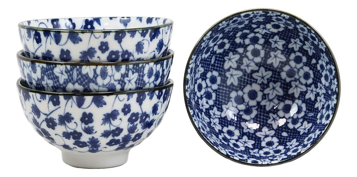 Made In Japan Blue White Floral Rice Soup Cereal Porcelain Bowls 12oz Set Of 4