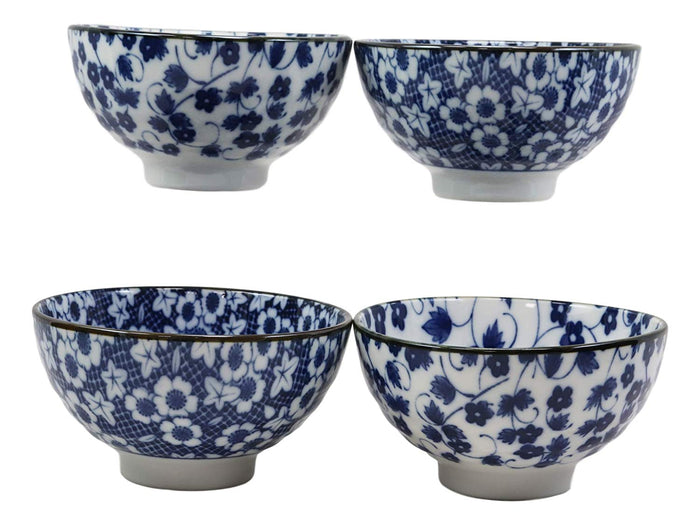 Made In Japan Blue White Floral Rice Soup Cereal Porcelain Bowls 12oz Set Of 4