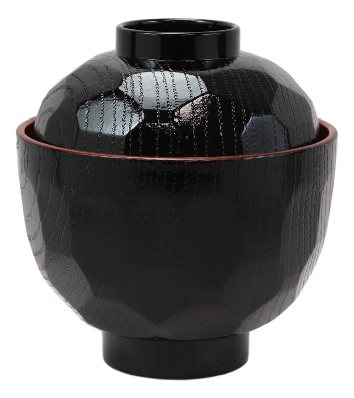 Made In Japan Honeycomb Ridged Black Red Lacquer Plastic Bowl With Lid Set Of 6