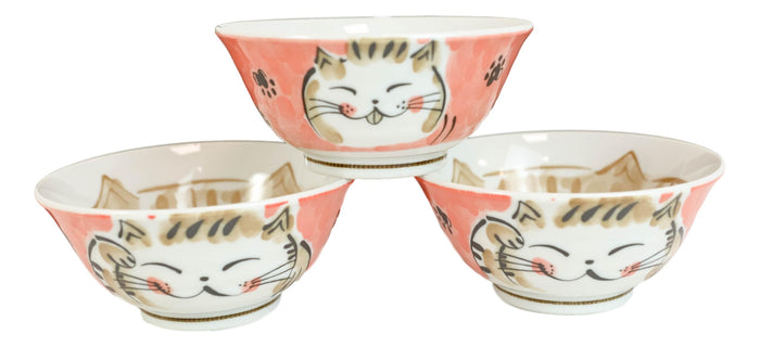 Made In Japan Pink Lucky Cat Maneki Neko 16oz Soup Rice Cereal Bowls Set Of 6