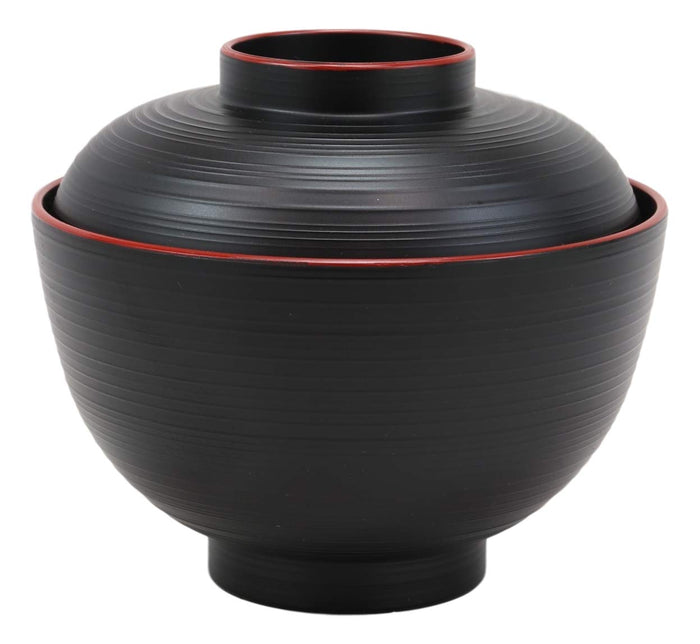 Made In Japan Traditional Black Red Lacquer Plastic Bowls With Lid Set Pack Of 6