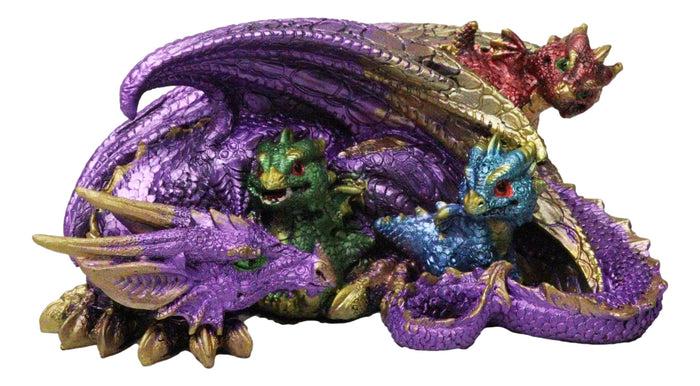 Magic Purple Mother Dragon Protecting Her Colorful Hatchling Babies Figurine Magic Purple Mother Dragon Protecting Her Colorful Hatchling Babies Figurine