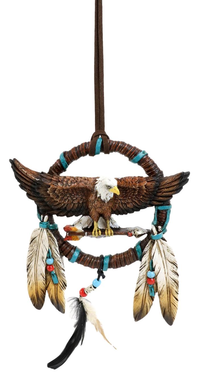 Majestic Bald Eagle With Open Wings Figurine Dream Catcher With Beaded Feathers
