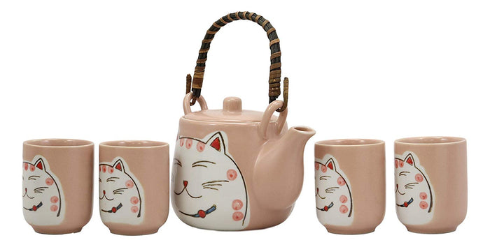 Maneki Neko Lucky Beckoning Cat Matte Pink 20oz Ceramic Tea Pot And Cups Set