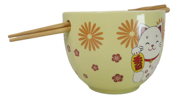 Maneki Neko Lucky Cat Yellow Ceramic Donburi Ramen Soup Bowl With Chopsticks Set