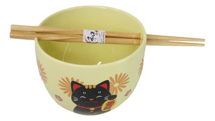 Maneki Neko Lucky Cat Yellow Ceramic Donburi Ramen Soup Bowl With Chopsticks Set