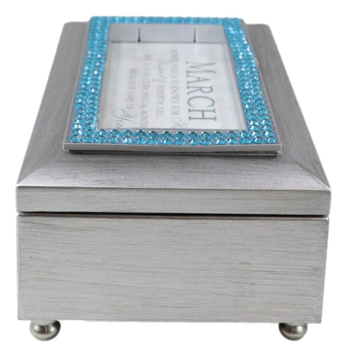 March Aquamarine Happiness Respect Birthstones Silver Tone Musical Trinket Box