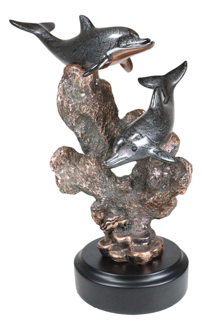 Marine 2 Black Dolphins Swimming By Coral Reef Electroplated Bronze Figurine