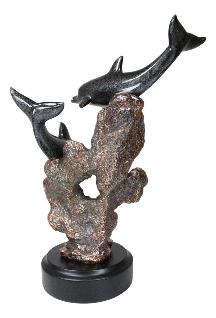Marine 2 Black Dolphins Swimming By Coral Reef Electroplated Bronze Figurine