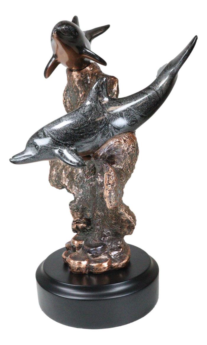 Marine 2 Black Dolphins Swimming By Coral Reef Electroplated Bronze Figurine