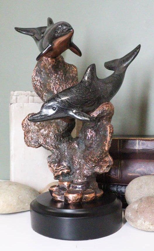 Marine 2 Black Dolphins Swimming by Coral Reef Electroplated Bronze Figurine