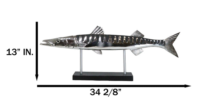 Marine Faux Taxidermy Silver Tone Large Barracuda Fish Sculpture With Pole Stand