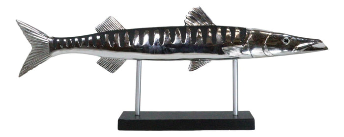 Marine Faux Taxidermy Silver Tone Large Barracuda Fish Sculpture With Pole Stand