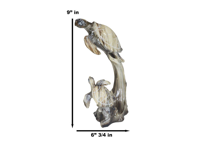 Marine Giant Sea Turtle Mother And Hatchling Baby By Corals Faux Marble Figurine