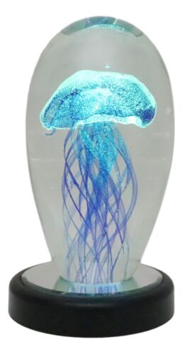 Marine Glow In The Dark Blue Jellyfish 6"H Glass Egg With Color LED Base Display