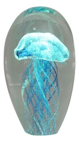 Marine Glow In The Dark Blue Jellyfish 6"H Glass Egg With Color LED Base Display