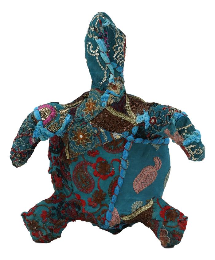 Marine Sea Turtle Hand Crafted Paper Mache In Colorful Sari Fabric Figurine