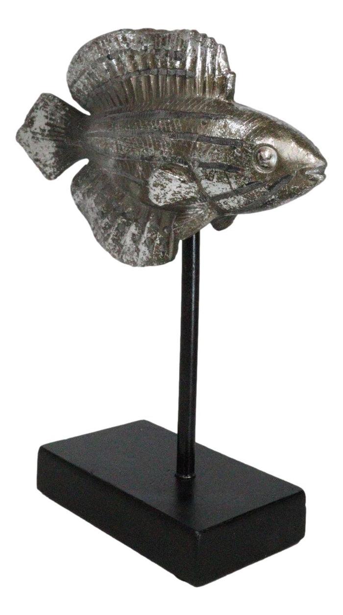 Marine Silver Tone Diamond-Tail Flasher Wrasse Fish Sculpture With Pole Stand