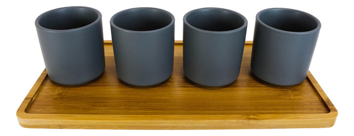 Matte Black Modern Ceramic 28oz Tea Pot With 4 Cups And Bamboo Serving Tray Set