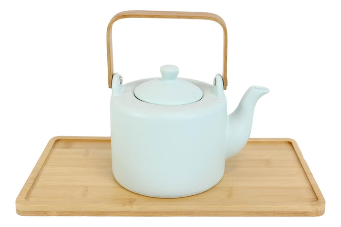 Matte Green Modern Ceramic 28oz Tea Pot With 4 Cups And Bamboo Serving Tray Set
