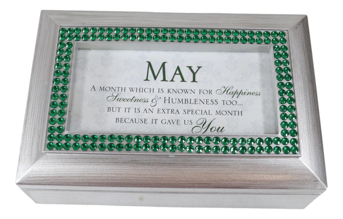 May Green Emerald Happiness Humility Birthstones Silver Tone Musical Trinket Box