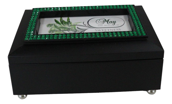 May Month Emerald Birthstone Sweetness And Happiness Black Musical Trinket Box