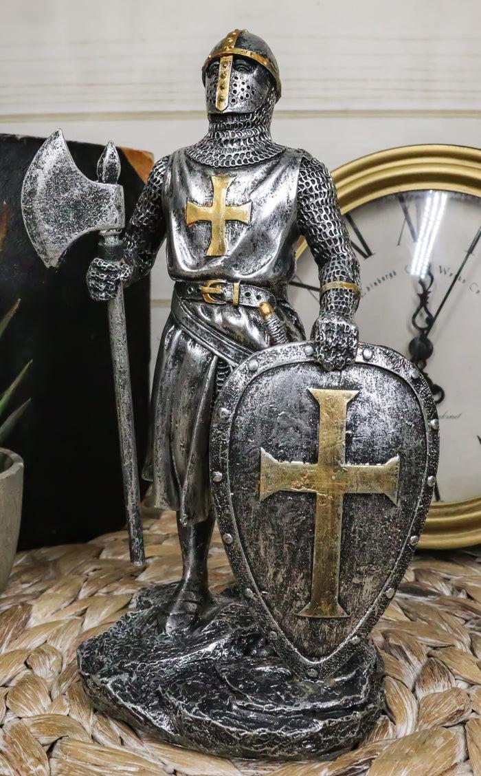 Medieval Crusader Knight Of The Cross With Axe And Broad Shield Figurine 7"H