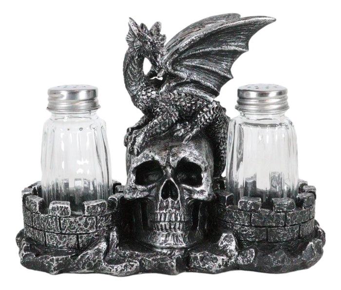 Medieval Dragon On Oversized Skull By Castle Towers Salt Pepper Shakers Holder