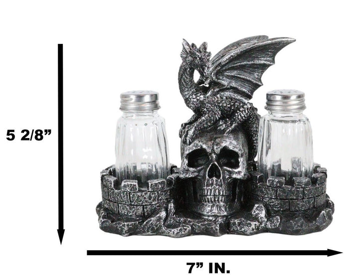 Medieval Dragon On Oversized Skull By Castle Towers Salt Pepper Shakers Holder
