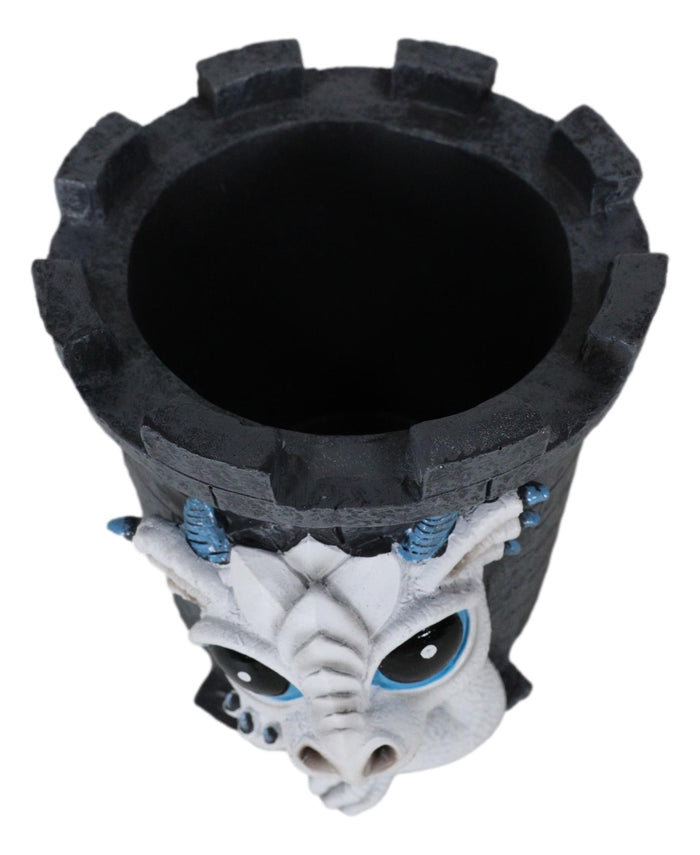 Medieval Fantasy Whimsical White Wyrmling Dragon In Castle Tower Pen Holder