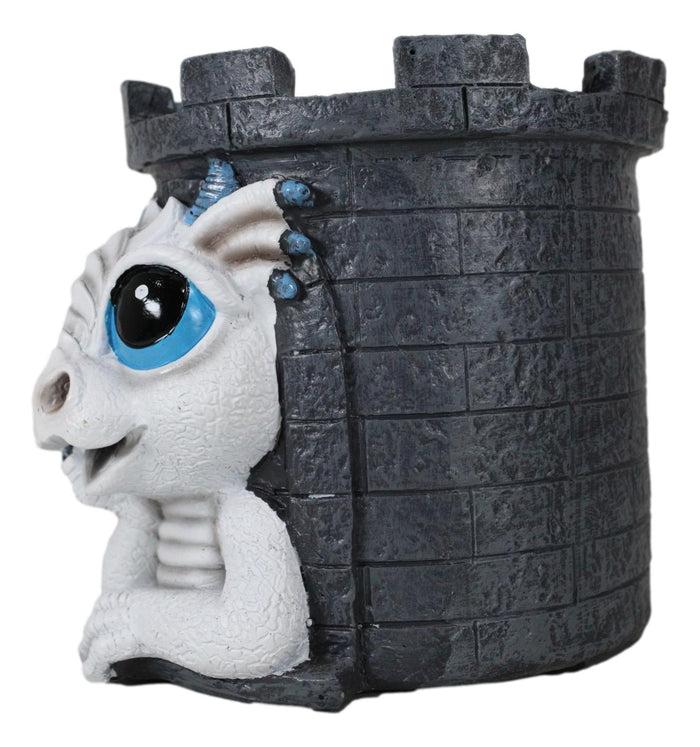 Medieval Fantasy Whimsical White Wyrmling Dragon In Castle Tower Pen Holder