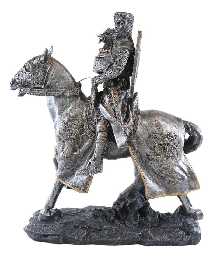 Medieval Fleur De Lis French Knight With Dragon Helmet On Armored Horse Statue
