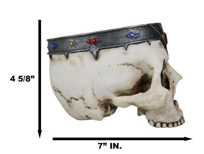 Medieval Gothic Skeleton King Skull With Bejeweled Crown Bowl Planter Figurine