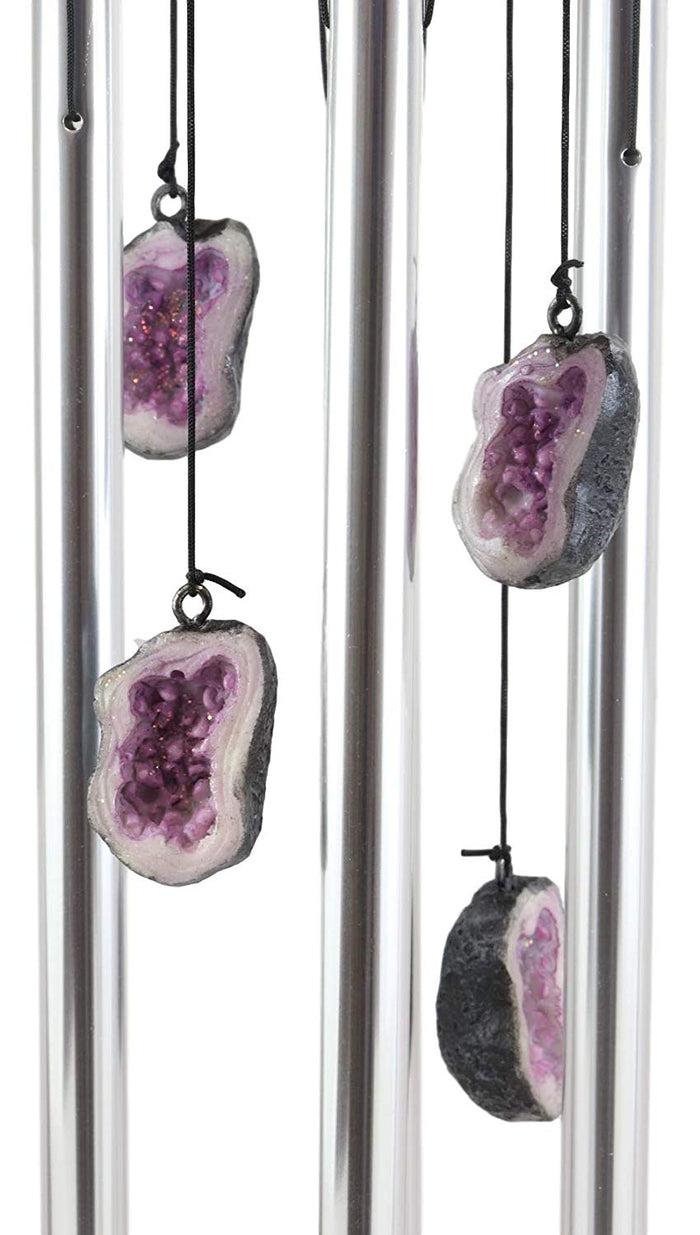 Medieval Purple Dragon Guarding Topaz Crystal Geode Rock Figurine Wind Chime