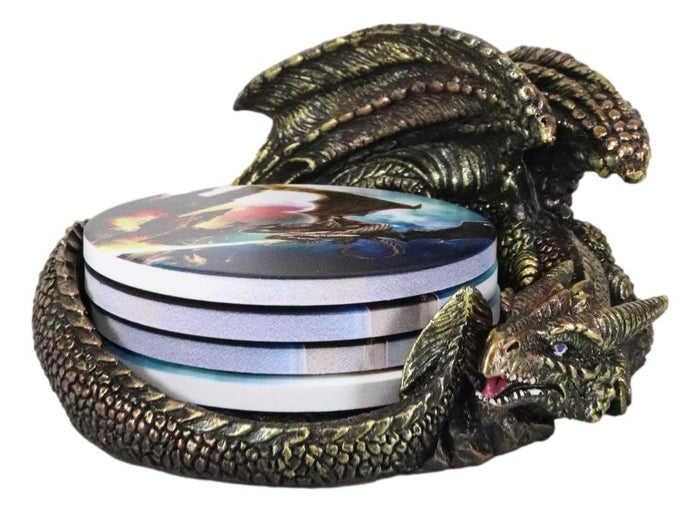 Medieval Smaug Dragon Coaster Set Sleeping Drake Holder With Four Coasters Decor