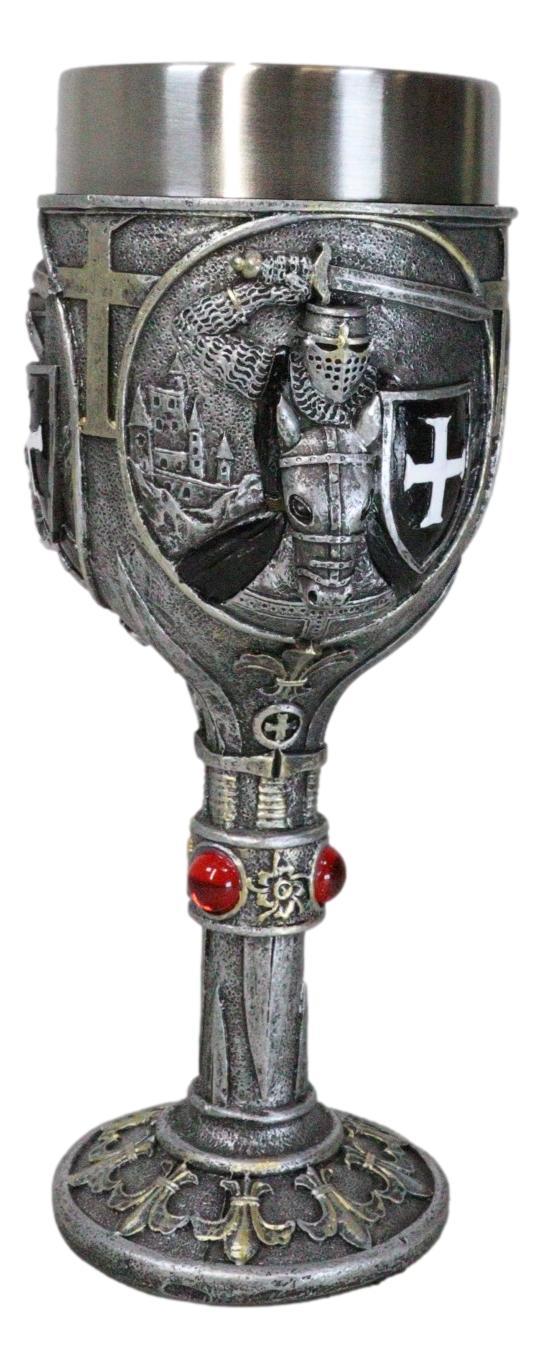 Medieval Templar Crusader Dark Knight Suit Of Armor On Horse Wine Goblet Chalice