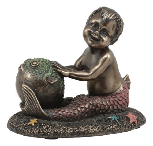 Merbaby Boy Playing With Blowfish And Starfish Figurine 3.75"L Nautical Mermaid