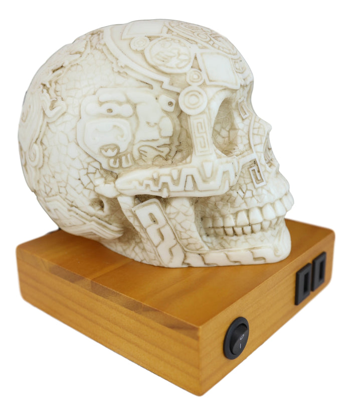 Mesoamerican Maya Aztec Skull LED Night Light Statue With USB Charging Wood Base