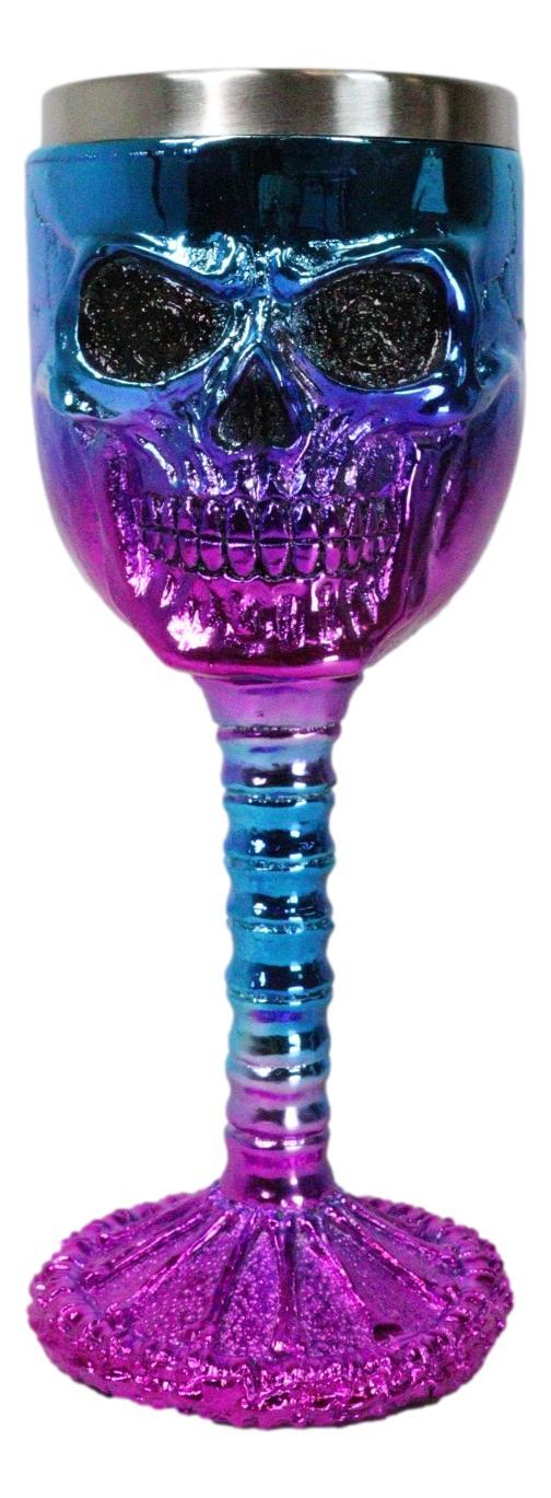 Metallic Blue And Pink Plated Skull With Skeleton Spine And Bones Wine Goblet