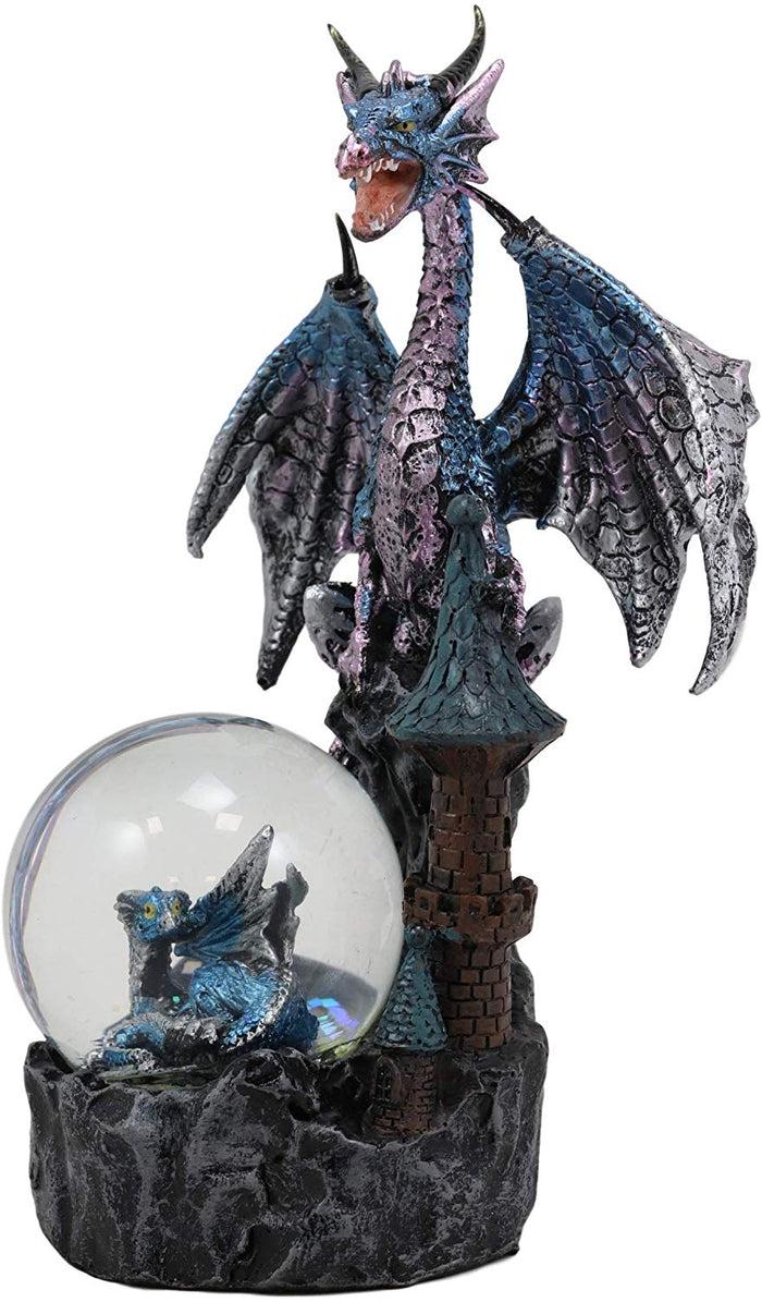 Metallic Blue Dragon On Cliff Rocks Castle With A Wyrmling Water Globe Statue