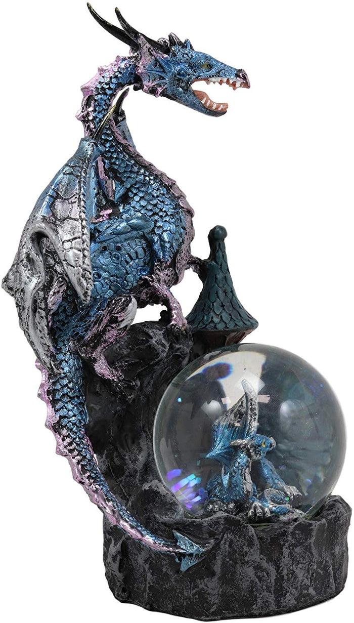 Metallic Blue Dragon On Cliff Rocks Castle With A Wyrmling Water Globe Statue