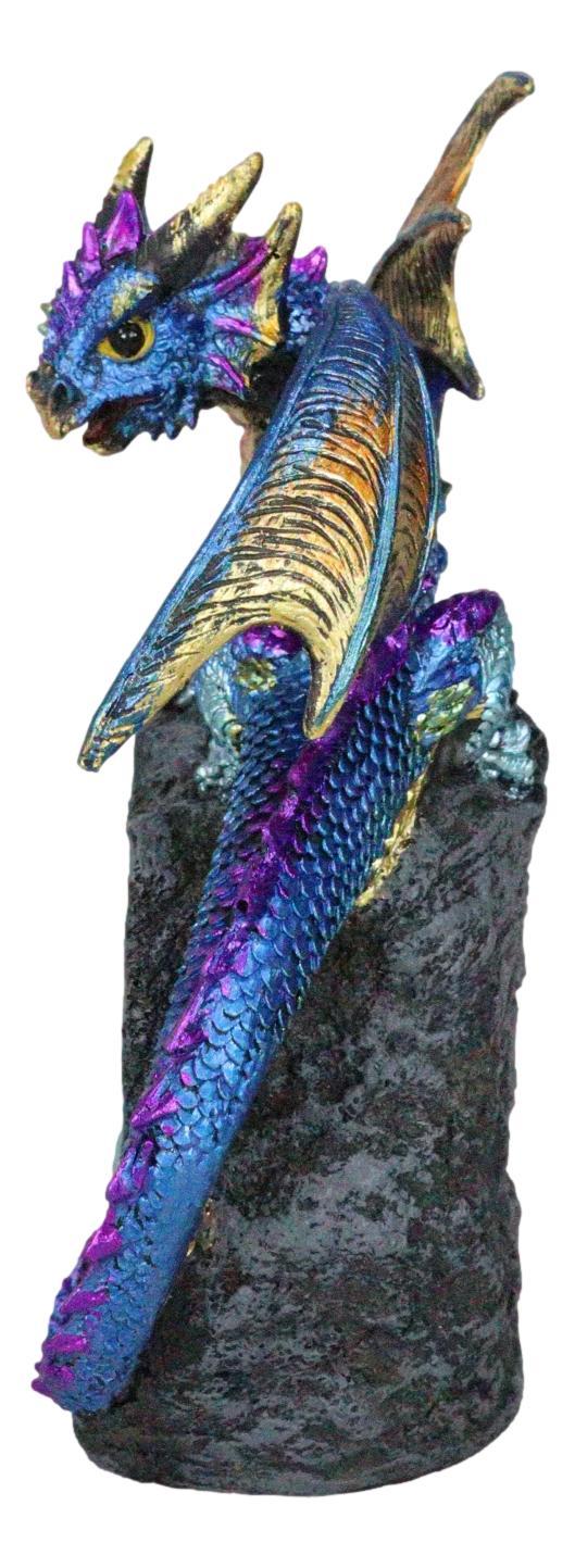 Metallic Blue Iridescent Dragon On Faux Geode Rock Quartz Crystal Cove Figurine