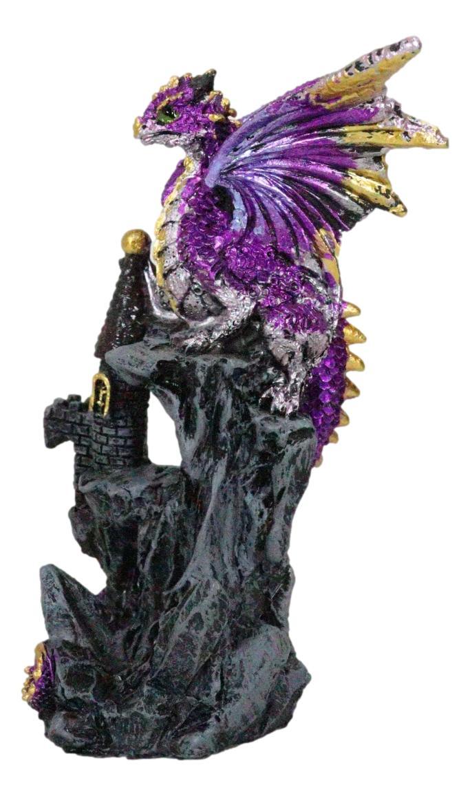 Metallic Golden Purple Dragon Guarding Castle Tower On Mountain Cliff Figurine