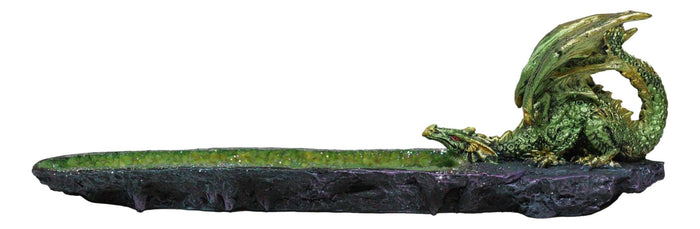 Metallic Green Gold Dragon Crouching On Faux Crystal Geode Basin Incense Holder
