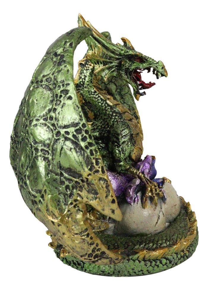 Metallic Green Gold Terra Mother Dragon Guarding 2 Wyrmlings In Eggs Figurine