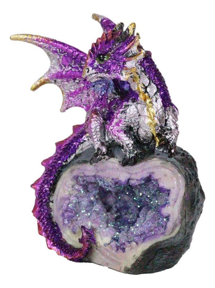 Metallic Purple Iridescent Wyrmling Dragon On Faux Geode Crystal Rock Figurine