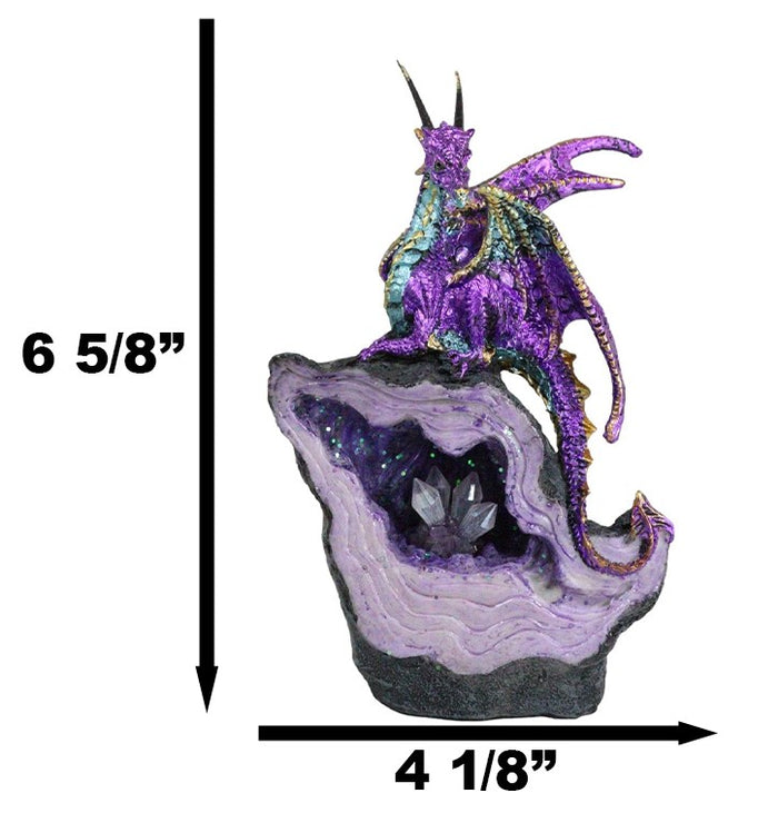 Metallic Purple Midnight Dragon On LED Light Faux Geode Crystal Rock Figurine