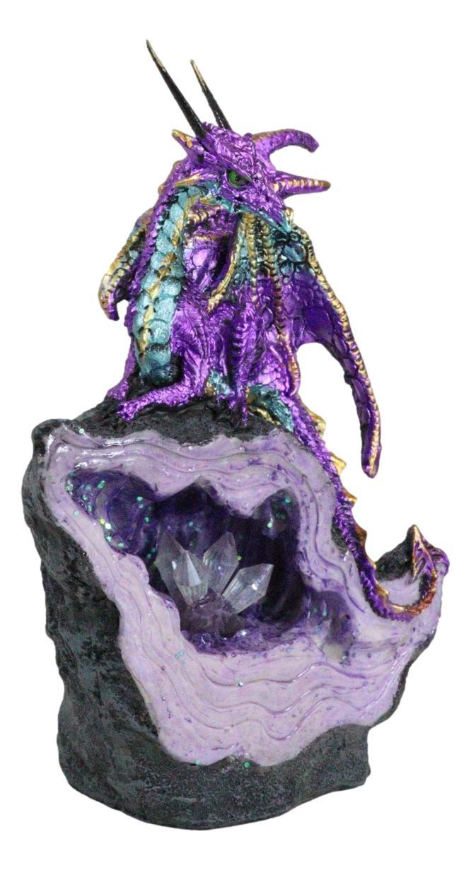 Metallic Purple Midnight Dragon On LED Light Faux Geode Crystal Rock Figurine