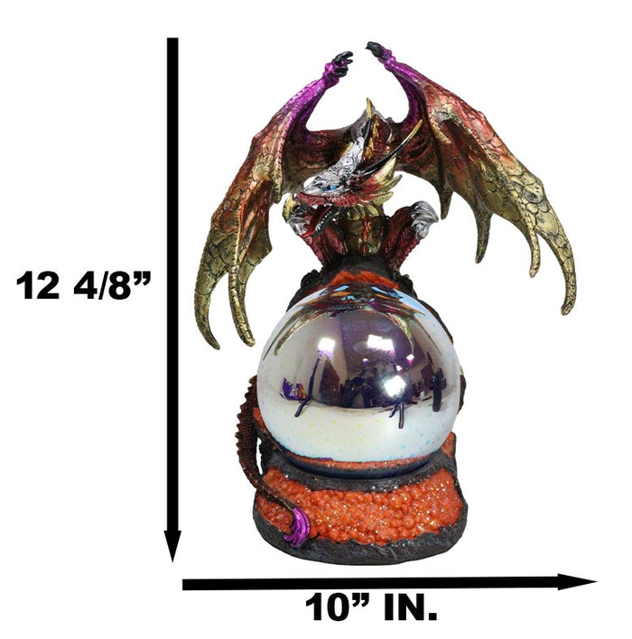 Metallic Red Gold Armored Dragon On Volcano Lava Rock With LED Optic Ball Statue