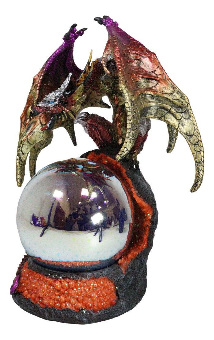 Metallic Red Gold Armored Dragon On Volcano Lava Rock With LED Optic Ball Statue